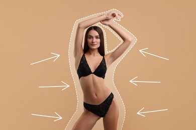 Image of Beautiful woman showing her slim body as result of healthy lifestyle on pale brown background. Outline of previous overweight figure around