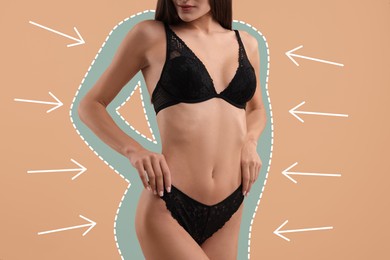 Image of Slim woman showing her perfect body on pale brown background, closeup. Outline of previous overweight figure around. Healthy lifestyle