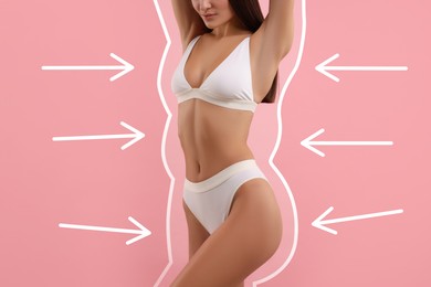 Image of Slim woman showing her perfect body on pink background, closeup. Outline of previous overweight figure around. Healthy lifestyle