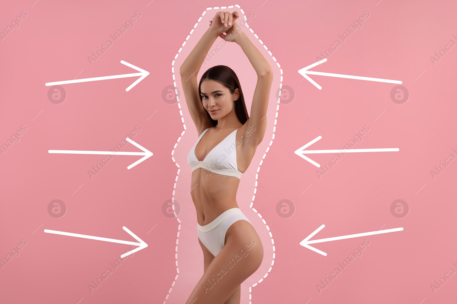Beautiful woman showing her slim body as result of healthy lifestyle on pink background. Outline of previous overweight figure around Image of Beautiful woman showing her slim body as result of healthy lifestyle on pink background. Outline of previous overweight figure around