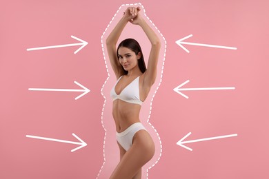 Image of Beautiful woman showing her slim body as result of healthy lifestyle on pink background. Outline of previous overweight figure around