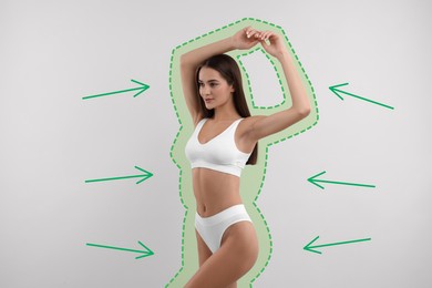 Image of Beautiful woman showing her slim body as result of healthy lifestyle on light background. Outline of previous overweight figure around