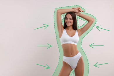 Image of Beautiful woman showing her slim body as result of healthy lifestyle on light background. Outline of previous overweight figure around