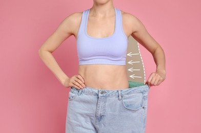 Image of Slim woman with perfect body in oversized jeans on pink background, closeup. Outline of previous overweight figure around. Result of healthy lifestyle