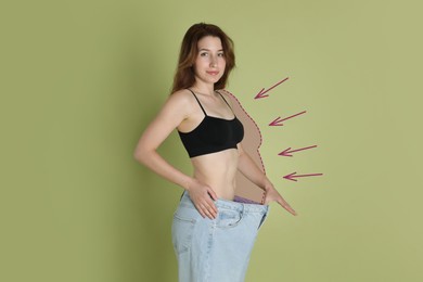 Image of Slim woman with perfect body in oversized jeans on olive color background. Outline of previous overweight figure around. Result of healthy lifestyle