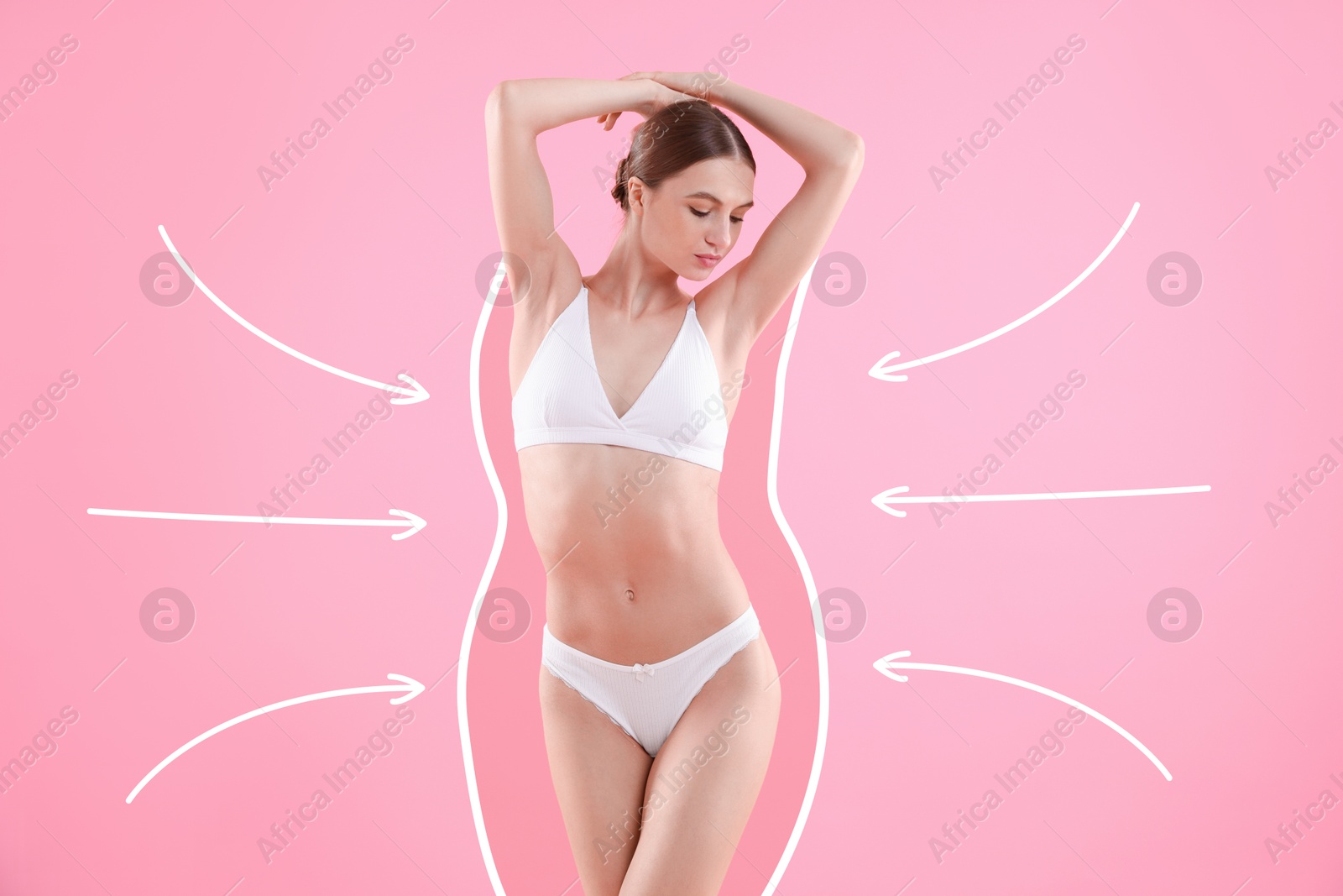 Image of Beautiful woman showing her slim body as result of healthy lifestyle on pink background. Outline of previous overweight figure around