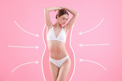 Image of Beautiful woman showing her slim body as result of healthy lifestyle on pink background. Outline of previous overweight figure around