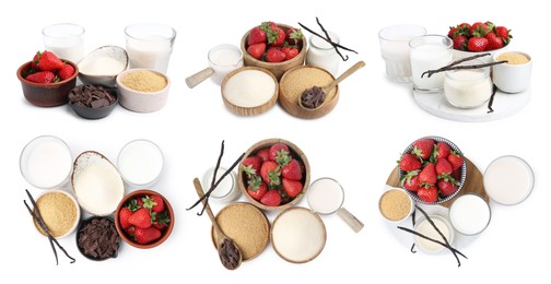 Image of Set of ingredients for panna cotta isolated on white