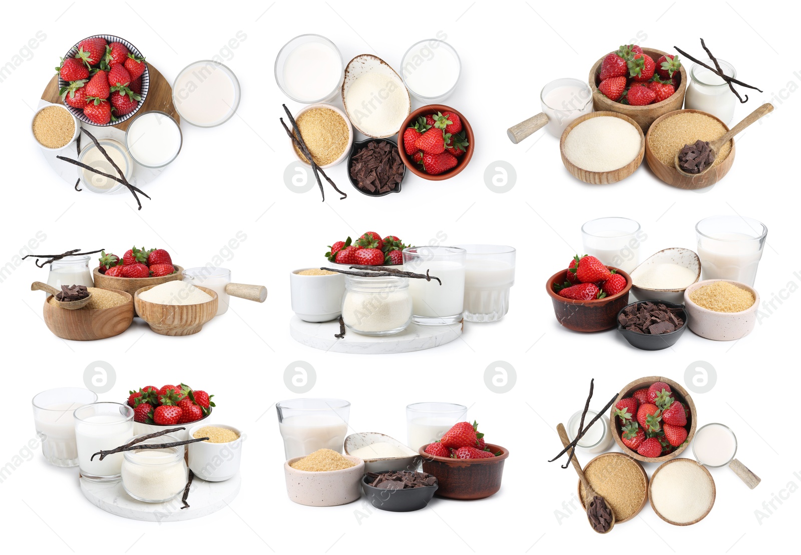 Image of Set of ingredients for panna cotta isolated on white