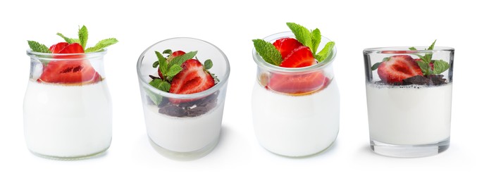 Image of Yummy panna cotta with strawberries isolated on white, set