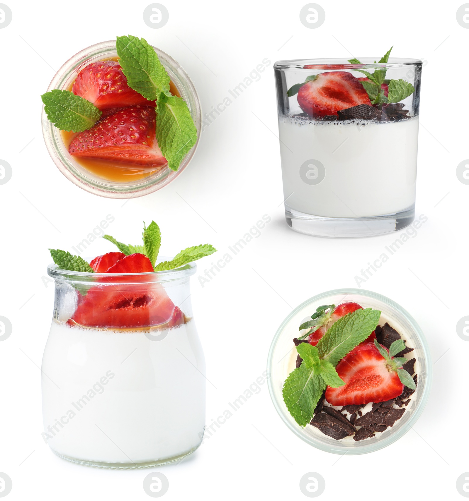 Image of Yummy panna cotta with strawberries isolated on white, set. Top and side view