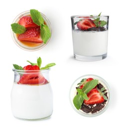 Image of Yummy panna cotta with strawberries isolated on white, set. Top and side view