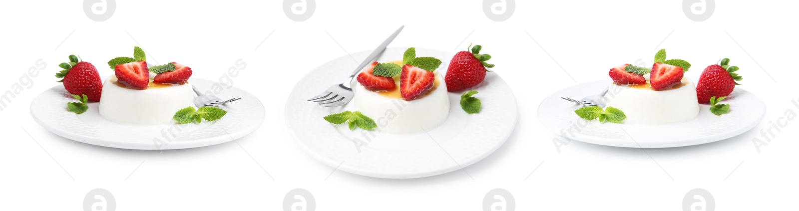 Image of Yummy panna cotta with strawberries isolated on white, set