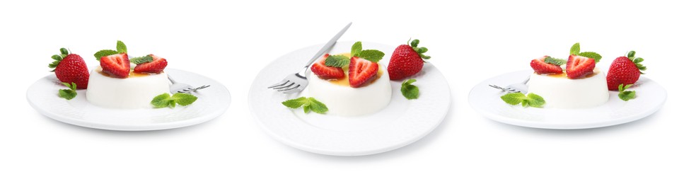 Image of Yummy panna cotta with strawberries isolated on white, set