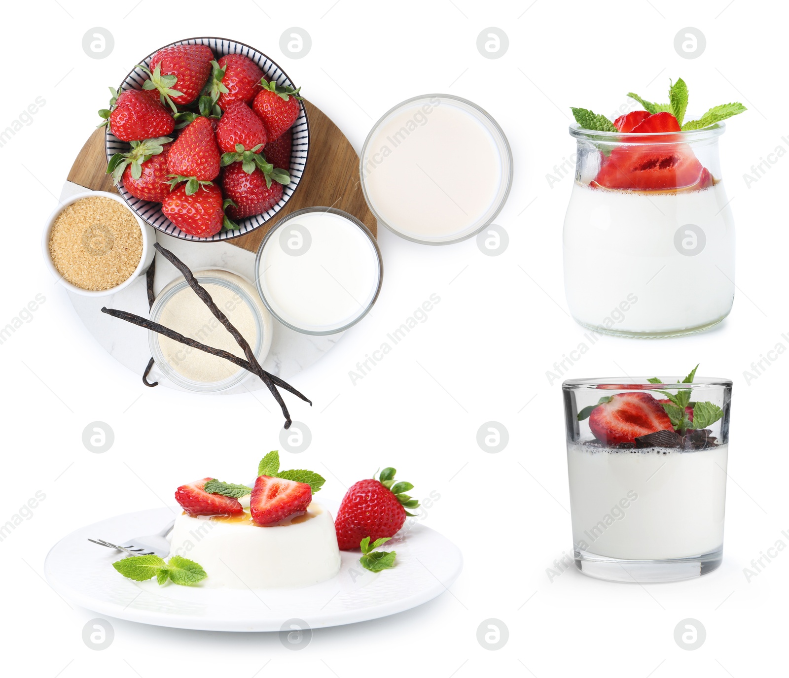 Image of Yummy panna cotta and ingredients isolated on white, set