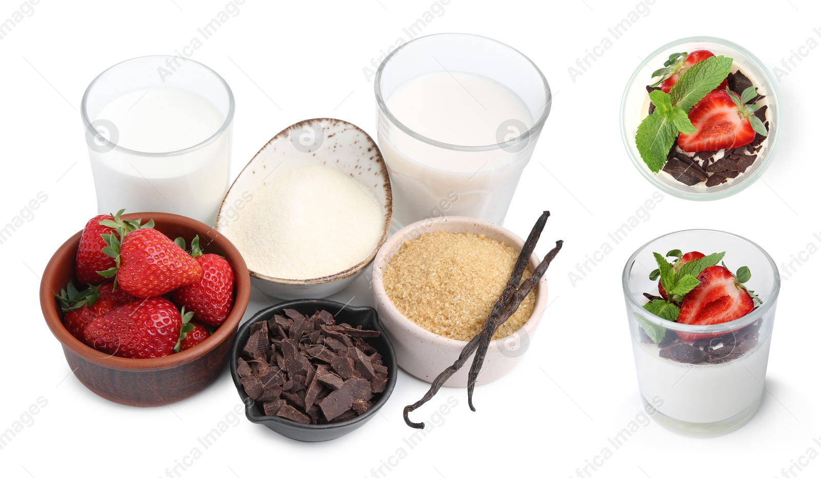 Image of Yummy panna cotta and ingredients isolated on white, set