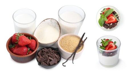Image of Yummy panna cotta and ingredients isolated on white, set