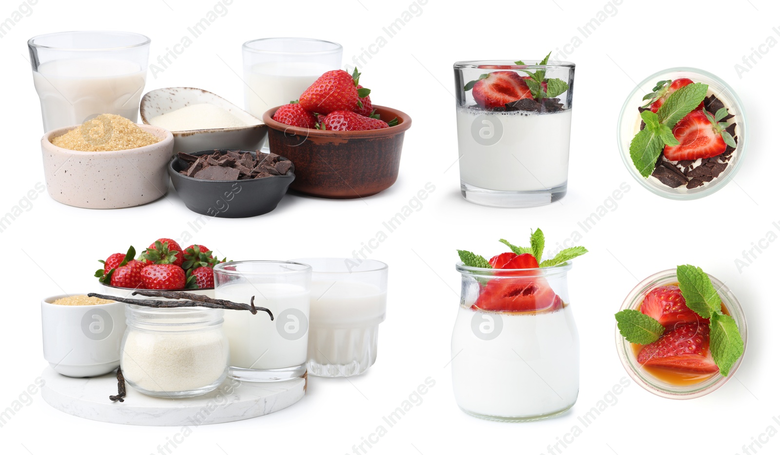Image of Yummy panna cotta and ingredients isolated on white, set