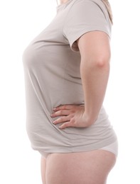 Photo of Weight loss. Plus size woman on white background, closeup