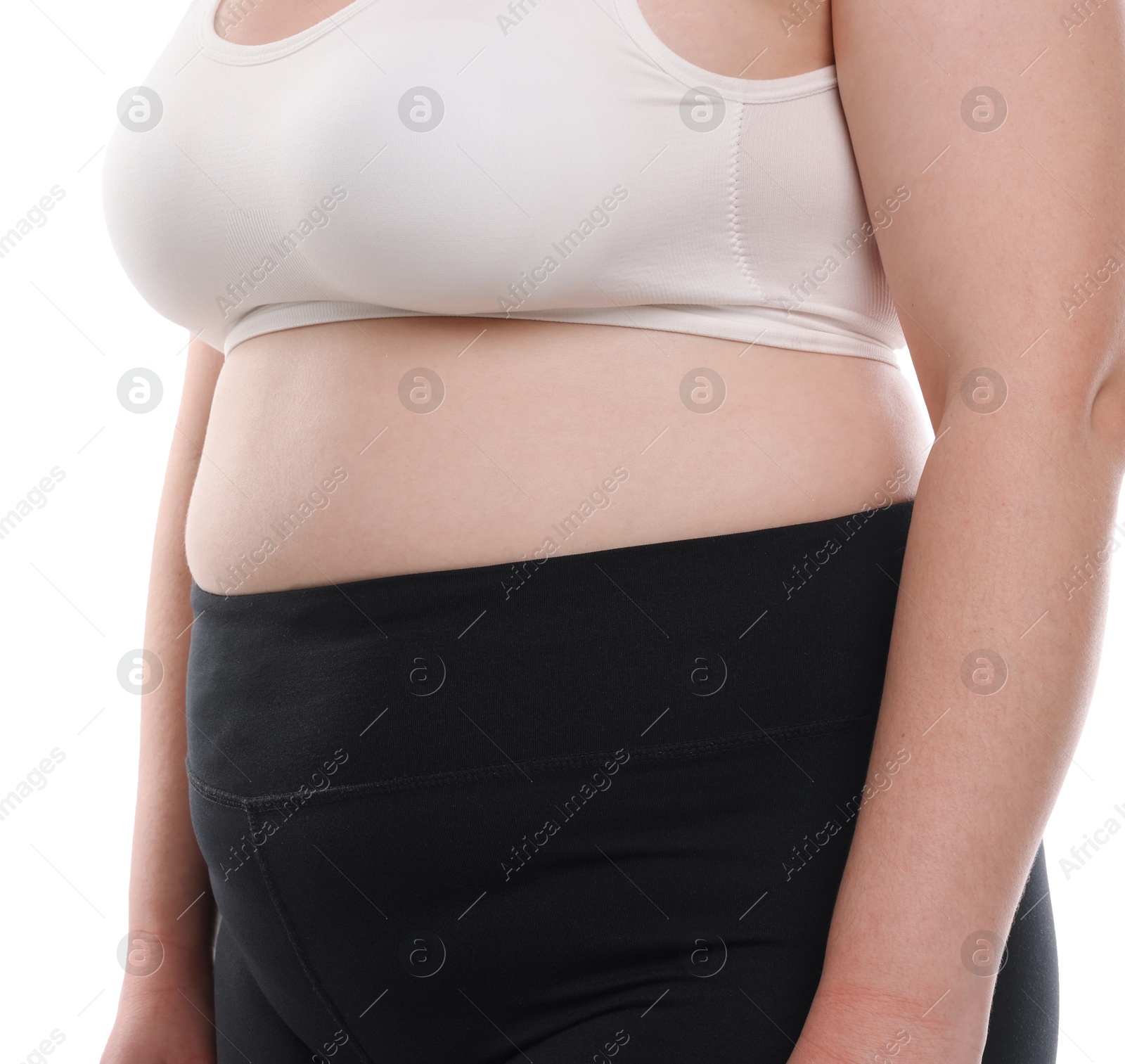 Weight loss. Plus size woman on white background, closeup Photo of Weight loss. Plus size woman on white background, closeup