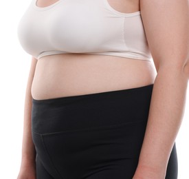 Photo of Weight loss. Plus size woman on white background, closeup