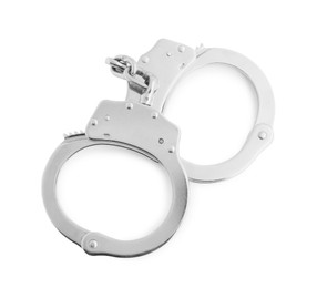 Photo of Handcuffs on white background, top view. Police equipment