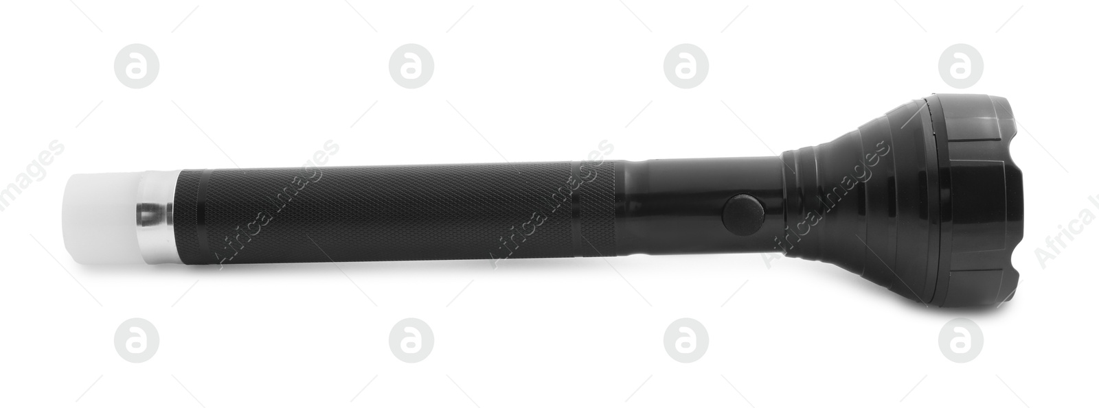One flashlight on white background. Police equipment Photo of One flashlight on white background. Police equipment