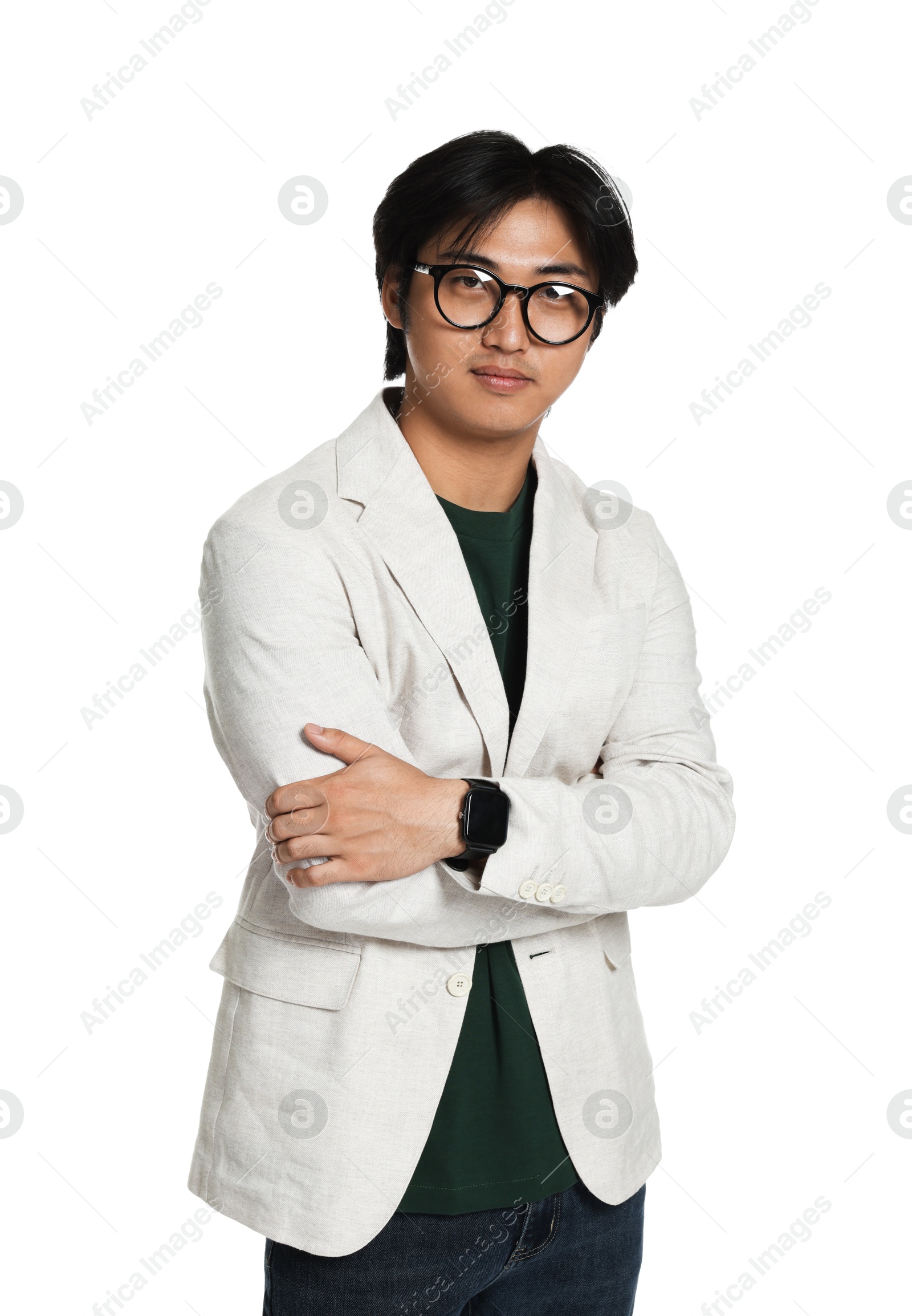 Portrait of handsome Asian man in glasses with crossed arms on white background Photo of Portrait of handsome Asian man in glasses with crossed arms on white background