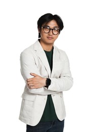 Photo of Portrait of handsome Asian man in glasses with crossed arms on white background