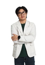 Photo of Portrait of handsome Asian man in glasses with crossed arms on white background