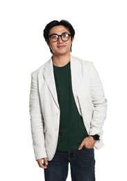 Photo of Portrait of handsome Asian man in glasses on white background