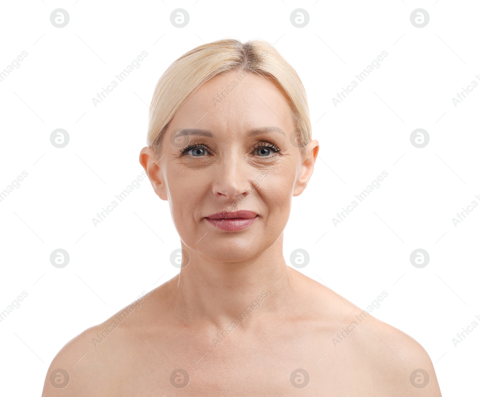 Photo of Portrait of beautiful blonde woman on white background