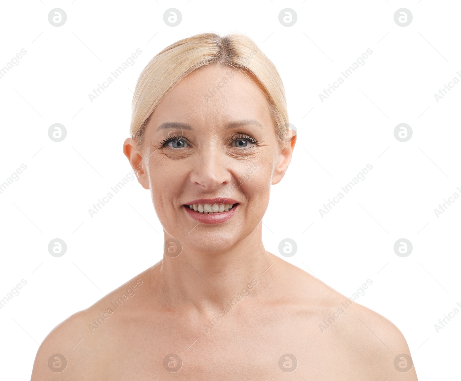 Photo of Portrait of beautiful blonde woman on white background