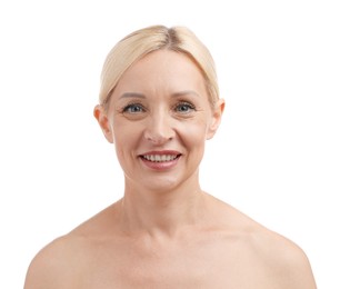 Photo of Portrait of beautiful blonde woman on white background