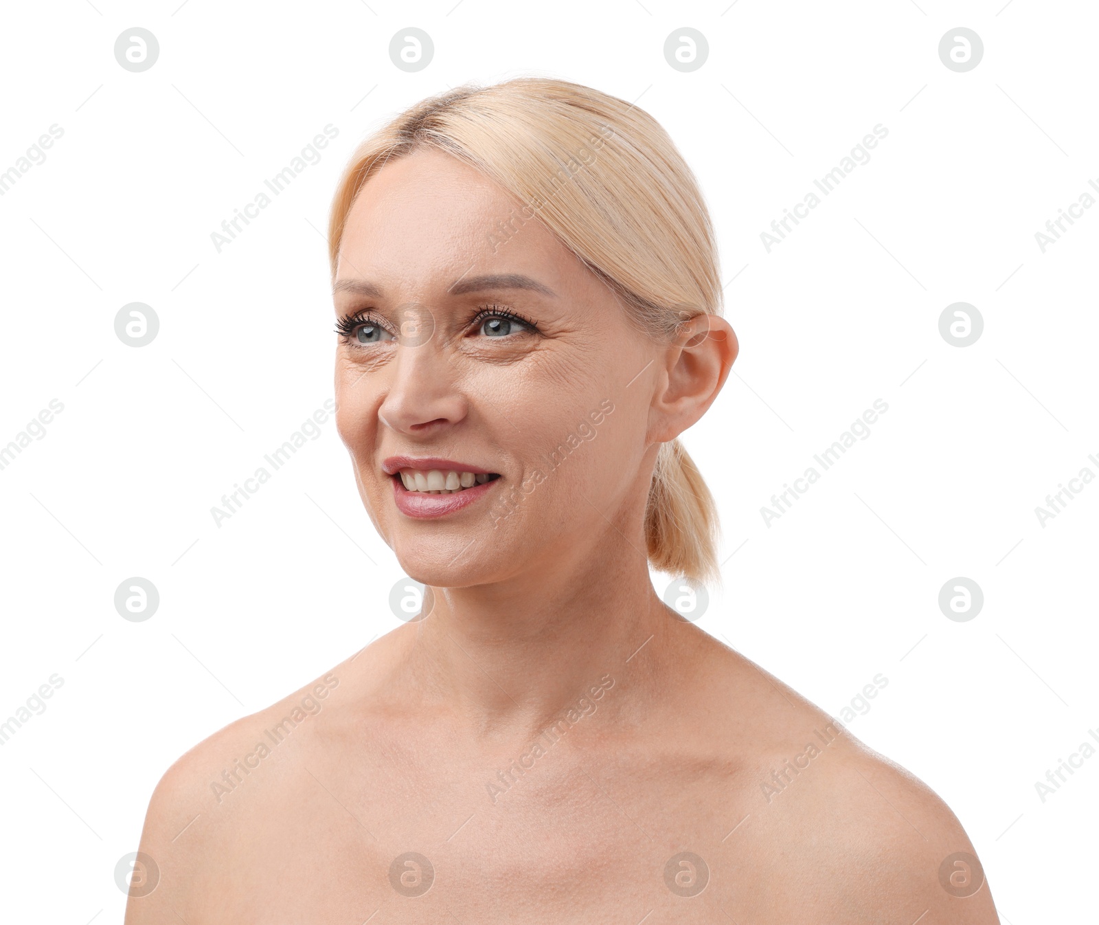 Photo of Portrait of beautiful blonde woman on white background