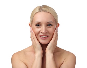 Photo of Portrait of beautiful woman on white background