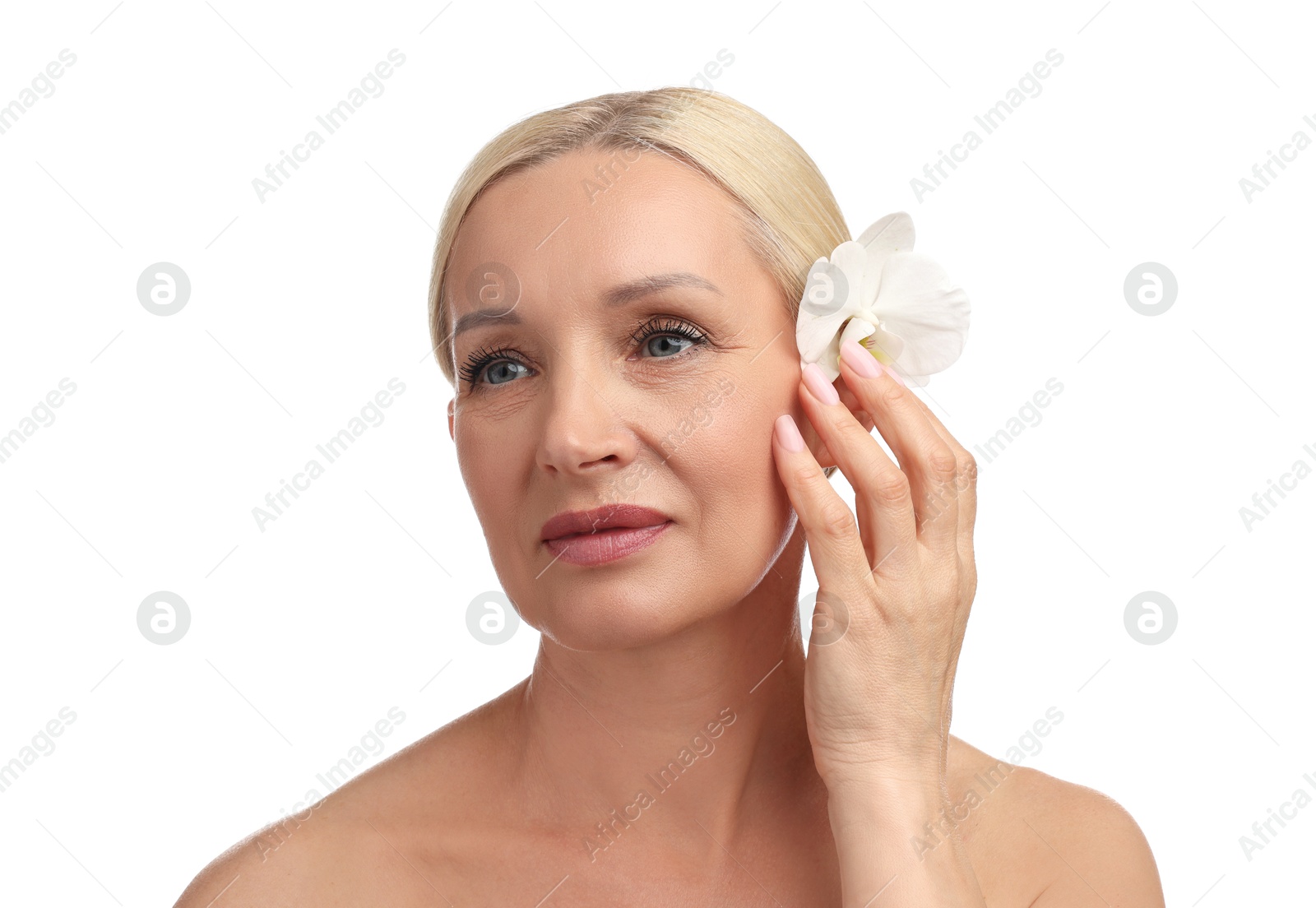 Photo of Beautiful woman with orchid flower on white background
