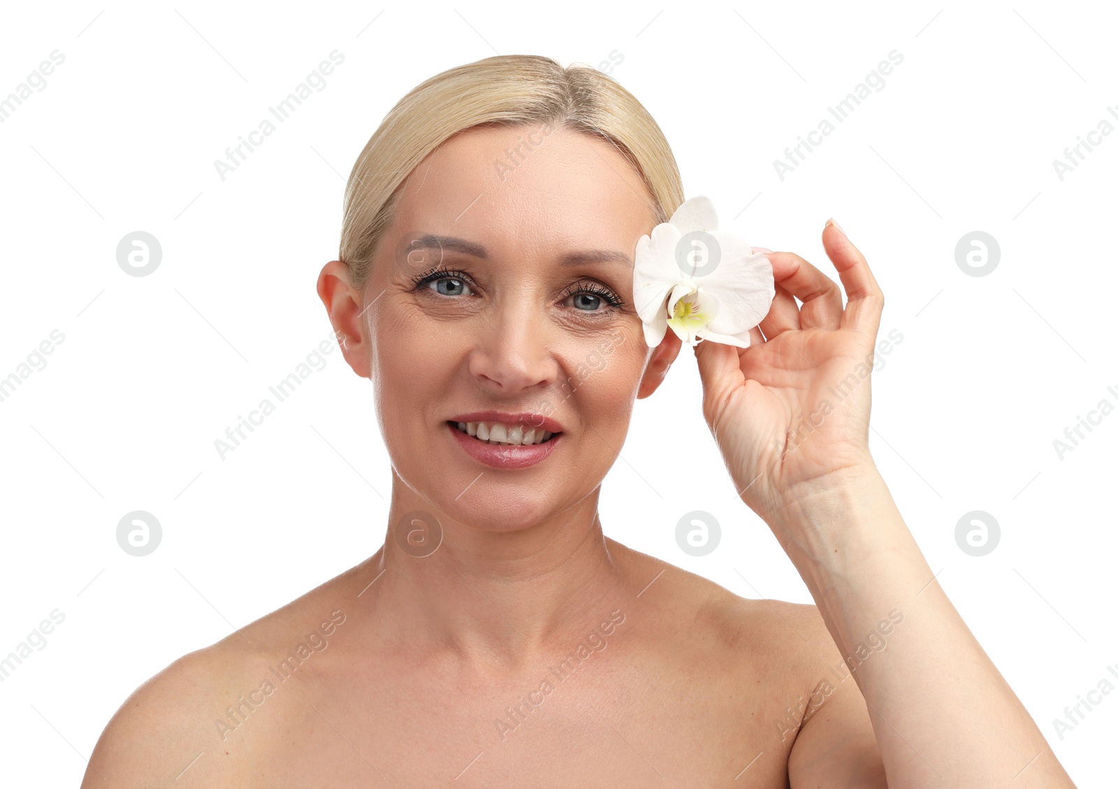 Photo of Beautiful woman with orchid flower on white background