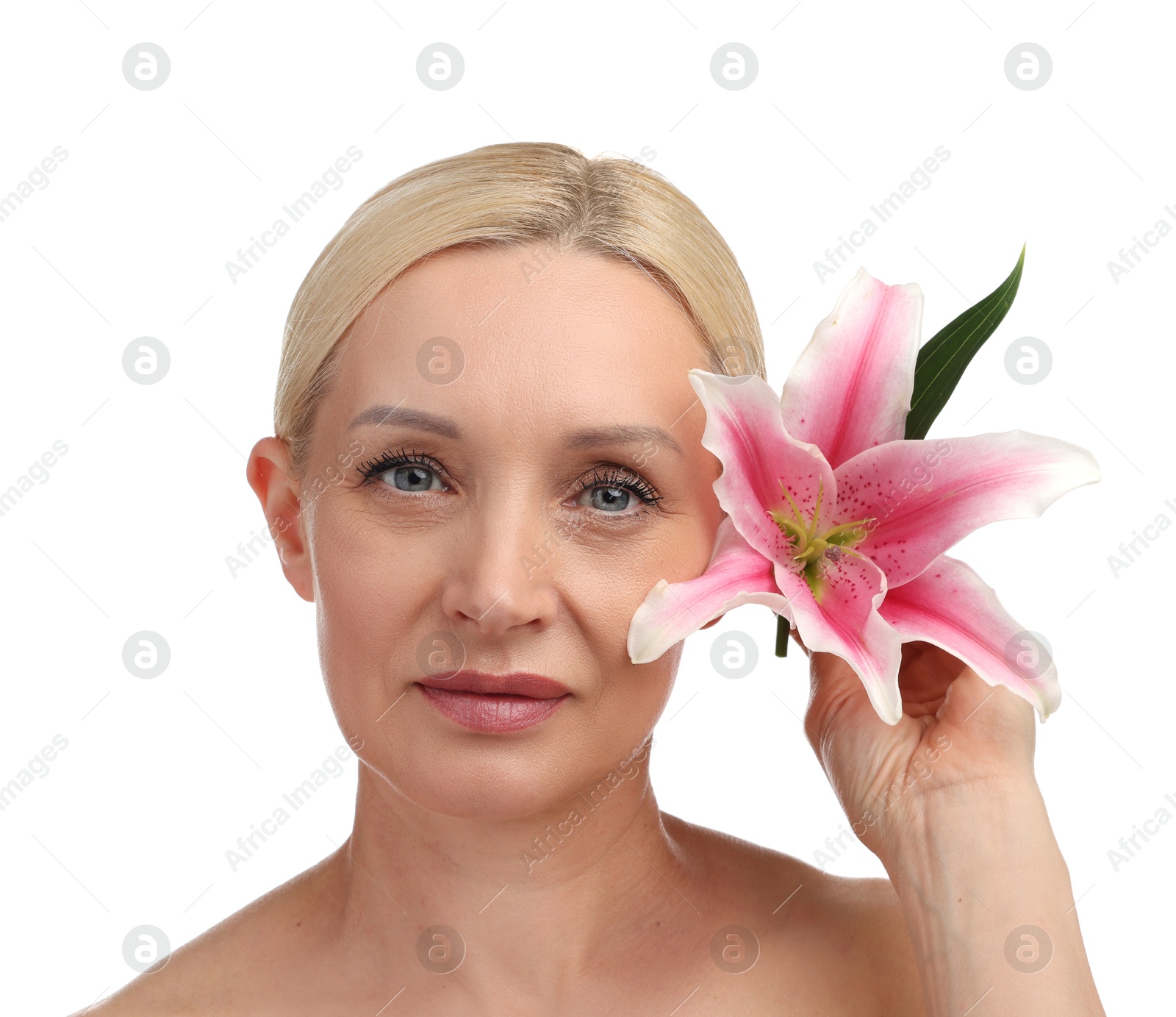 Beautiful woman with lily flower on white background Photo of Beautiful woman with lily flower on white background