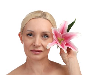 Photo of Beautiful woman with lily flower on white background