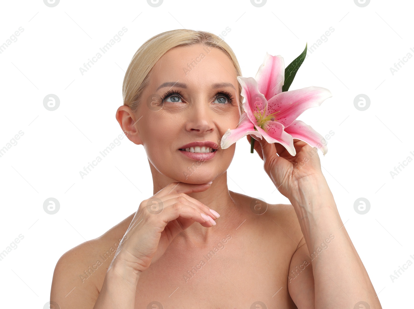 Beautiful woman with lily flower on white background Photo of Beautiful woman with lily flower on white background