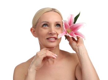 Photo of Beautiful woman with lily flower on white background