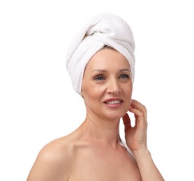 Photo of Beautiful woman with towel wrapped on her head against white background