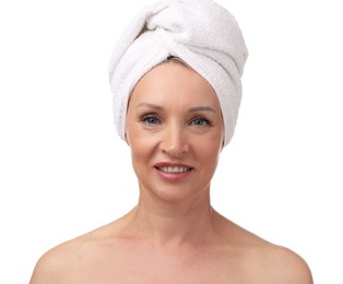 Photo of Beautiful woman with towel wrapped on her head against white background