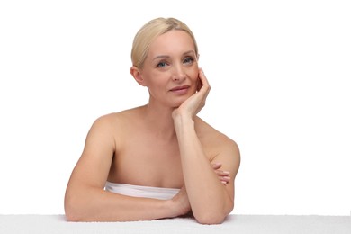 Photo of Portrait of beautiful woman with towel on white background