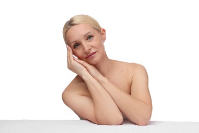 Photo of Portrait of beautiful woman with towel on white background