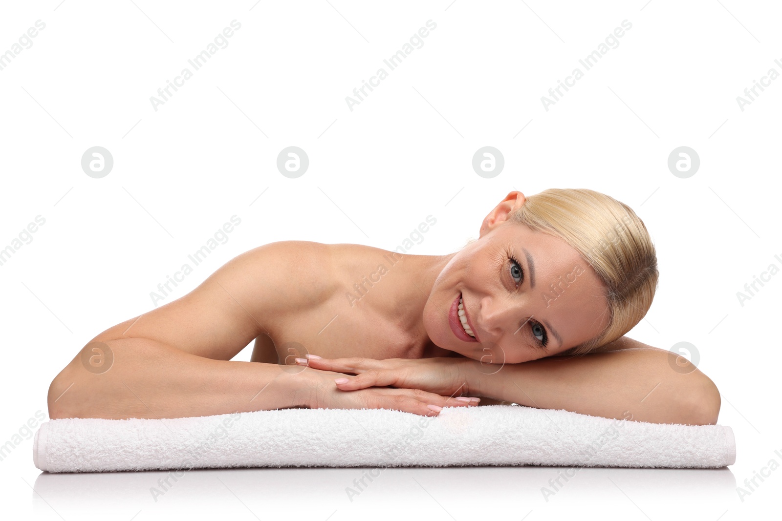 Portrait of beautiful woman with towel on white background Photo of Portrait of beautiful woman with towel on white background