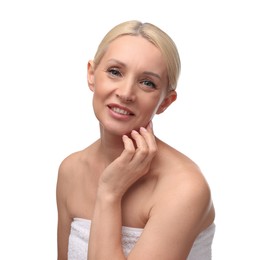 Photo of Portrait of beautiful woman on white background