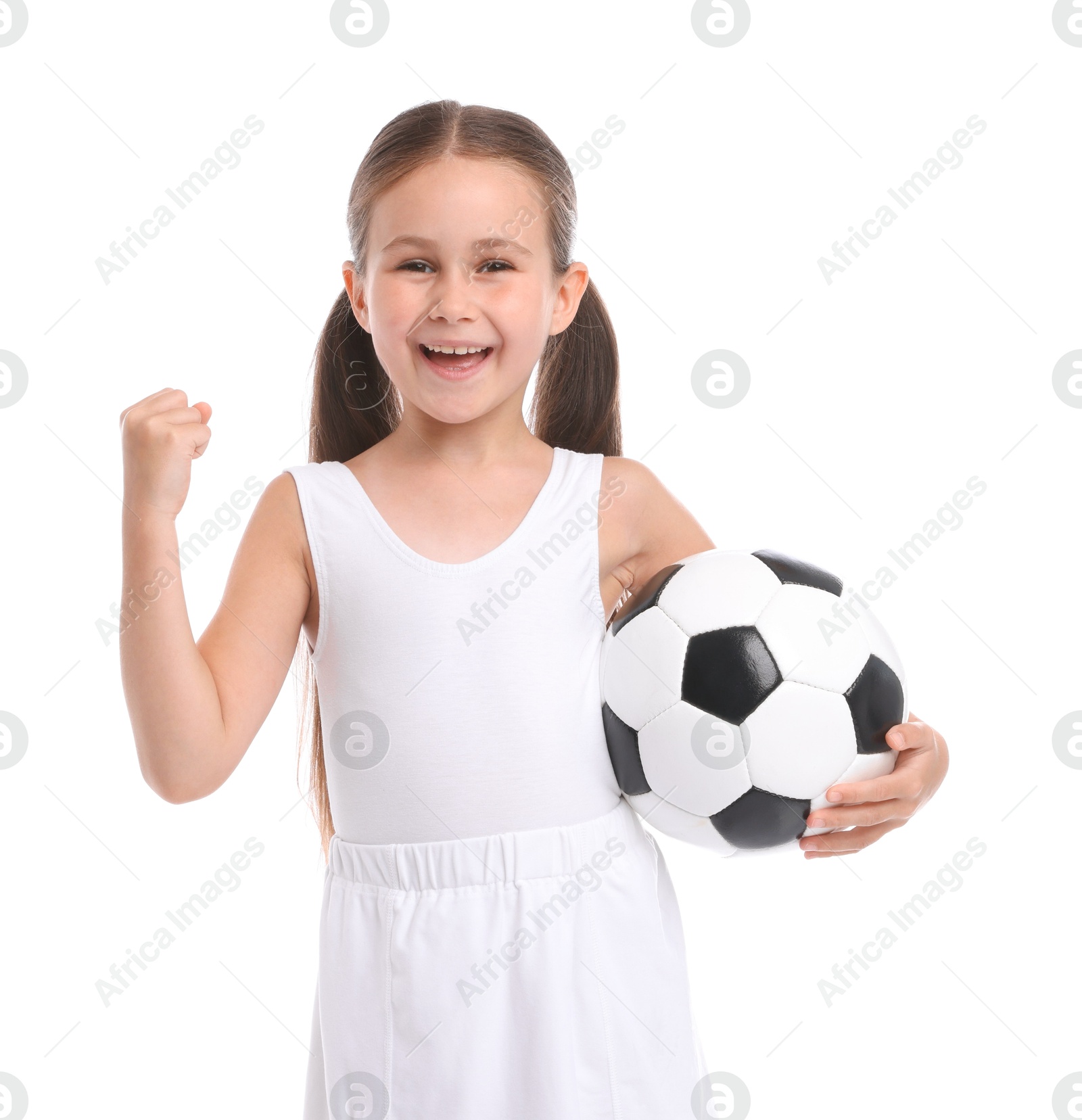 Photo of Little girl with soccer ball on white background