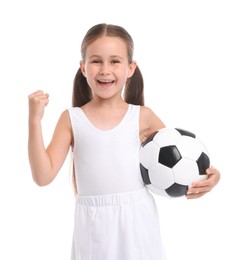 Photo of Little girl with soccer ball on white background